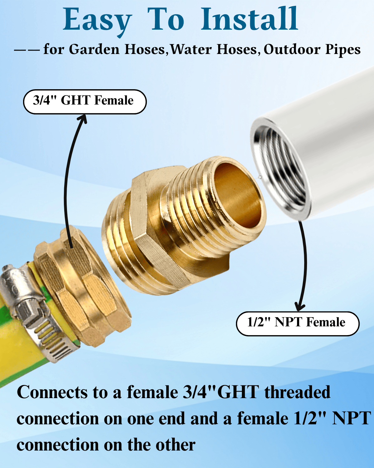 Garden hose to 1/2" pipe adapter connecting hose to irrigation system