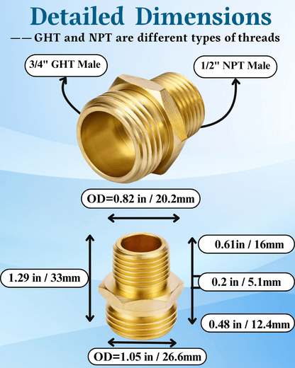 Solid brass 3/4" GHT male x 1/2" NPT male connector, rust-resistant
