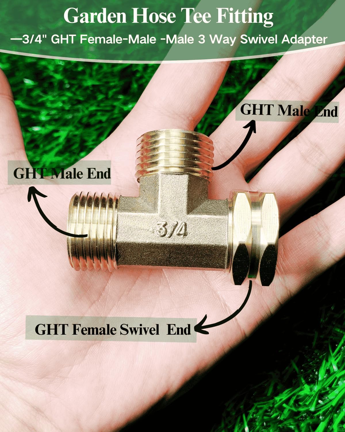 Garden Hose Tee Fitting,3/4" GHT Female-Male -Male 3 Way Swivel Adapter as a Splitter for Watering Hoses and Branching Three Pipes End (Heavy Duty Brass)