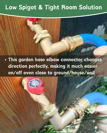 90° Garden Hose Elbow Connector for RV, Low Spigot/Faucets/Hose bib, Washing Machine Tight Room, Full Flow Water Swivel Elbow(Heavy Brass)