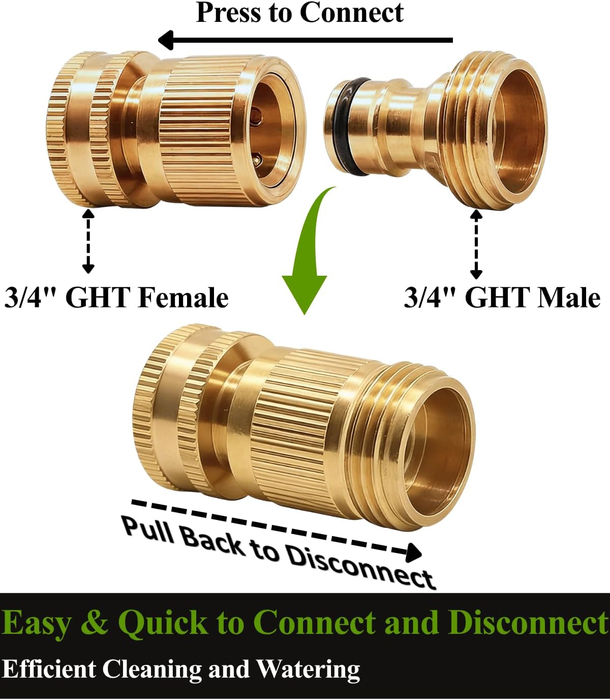 Quick Connect Hose Fittings-3/4 GHT Connection and Disconnection for Garden Hoses, Nozzles, Spigot and Sprinklers(Brass,2 Pack
