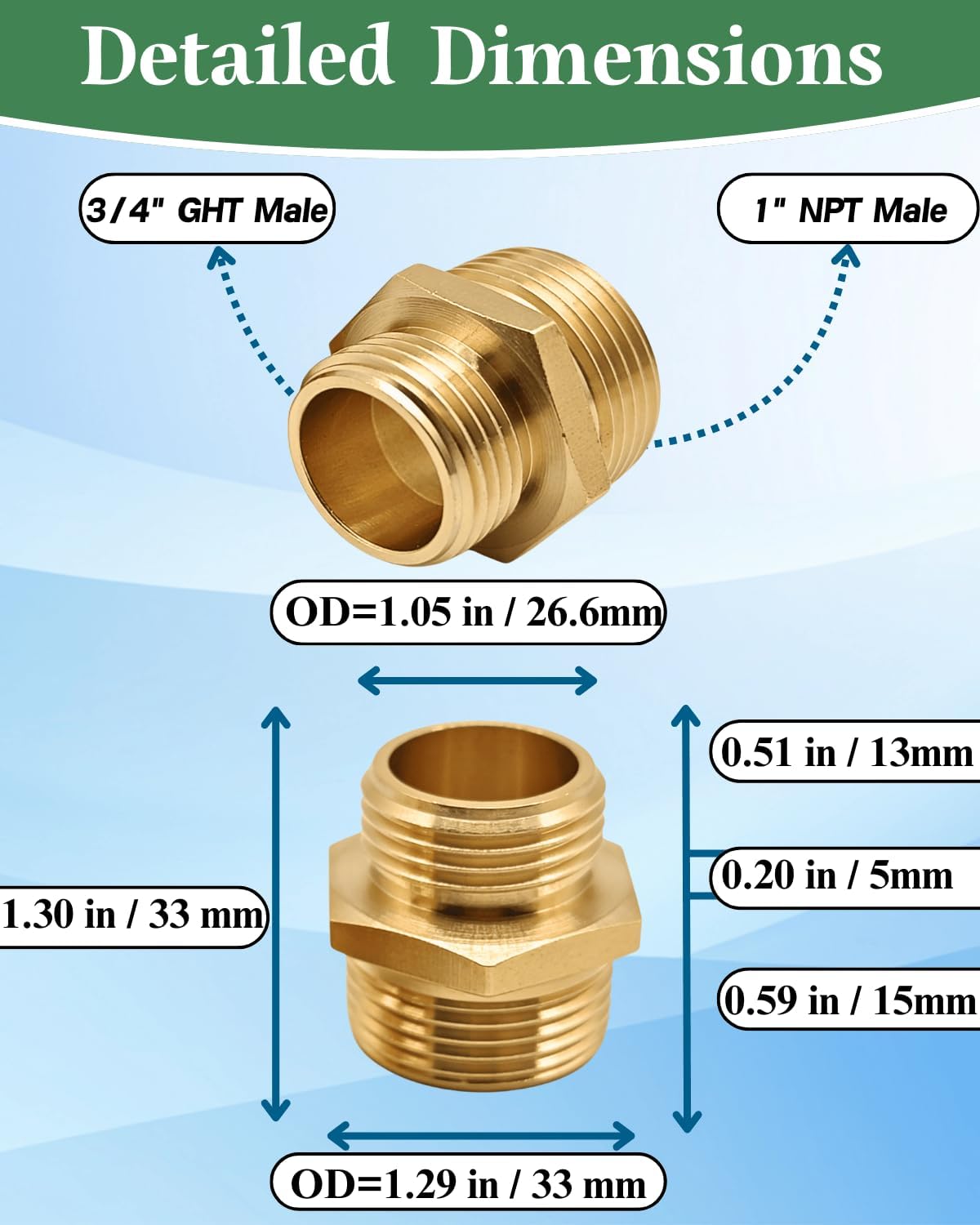 1” NPT Male x 3/4” GHT Male Garden Hose Adapter,Male Hose Connector No Leak,Brass Ght to Npt Adapter Suitable for Shallow Well Pump,Garden Hoses, Water Hoses, Outdoor Pipes(2 Pack)