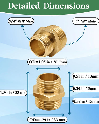 1” NPT Male x 3/4” GHT Male Garden Hose Adapter,Male Hose Connector No Leak,Brass Ght to Npt Adapter Suitable for Shallow Well Pump,Garden Hoses, Water Hoses, Outdoor Pipes(2 Pack)
