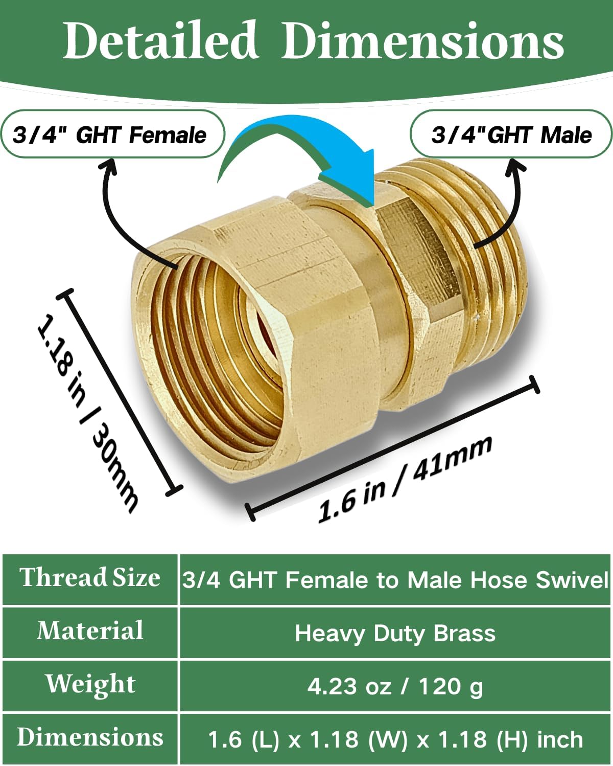 Garden Hose Swivel Adapter Fitting,Pressure Washer Gun Swivel Connector Joint Anti Twisting Fitting,3/4 Ght Female X 3/4 Ghtmale Adapter,Good Sealing Performance with No Leaks,Brass