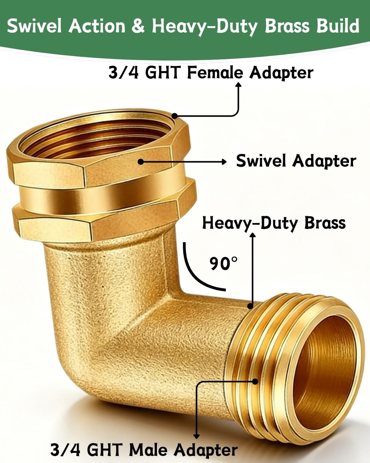 90° Garden Hose Elbow Connector for RV, Low Spigot/Faucets/Hose bib, Washing Machine Tight Room, Full Flow Water Swivel Elbow(Heavy Brass)