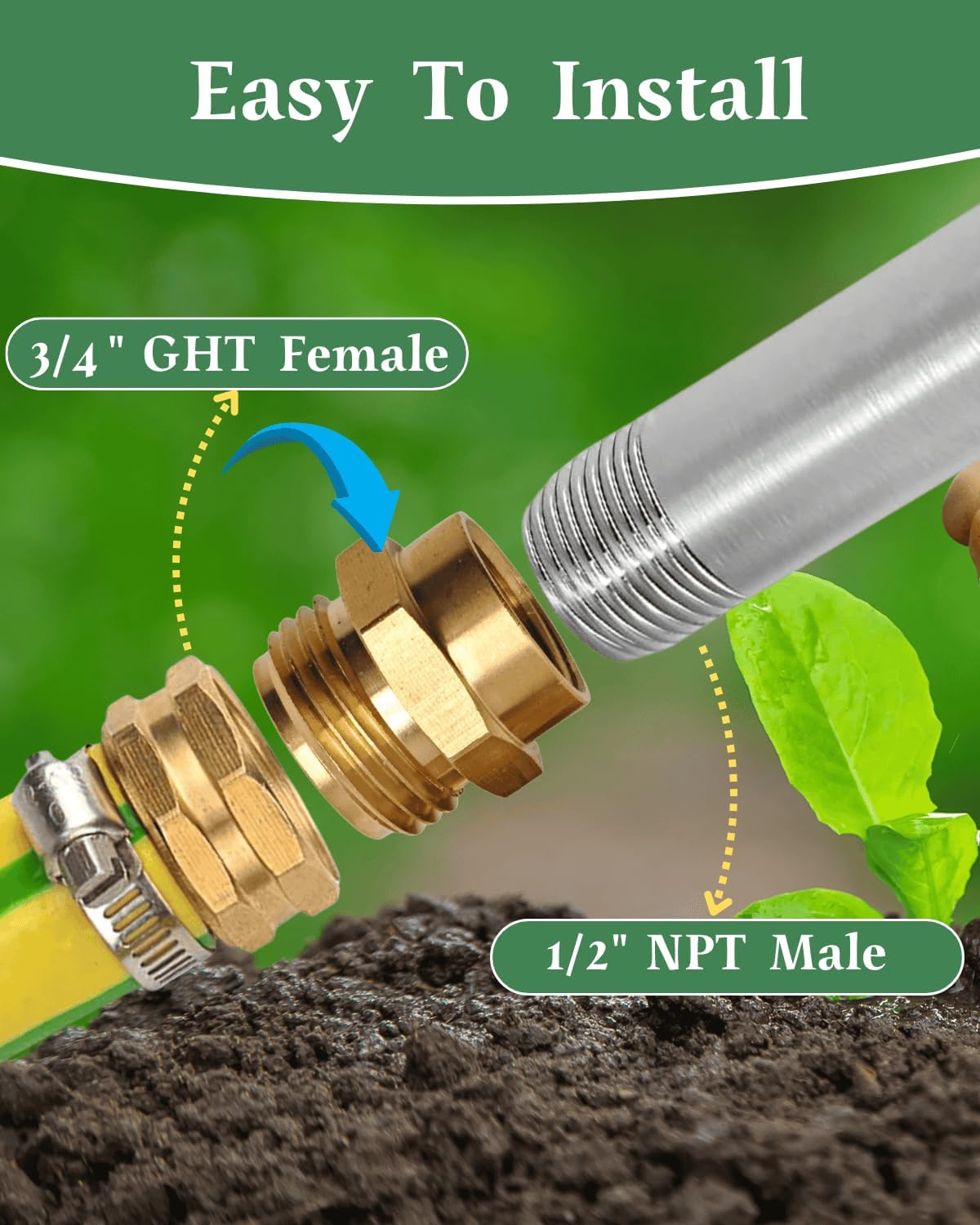 1/2 NPT Female to 3/4 GHT Male Garden Hose Adapter,Female to Male Hose Connector No Leak,Brass Ght to Npt Adapter Suitable for Garden Hoses,Water Hoses, Outdoor Pipes(2 Pack)