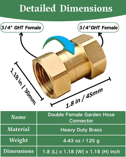 Heavy Duty Brass Garden Hose Female to Female Adapter, 3/4 GHT Double Female Garden Hose Connector, Leak-Proof Design for Garden Watering, Sprinkler System, RV & Pool