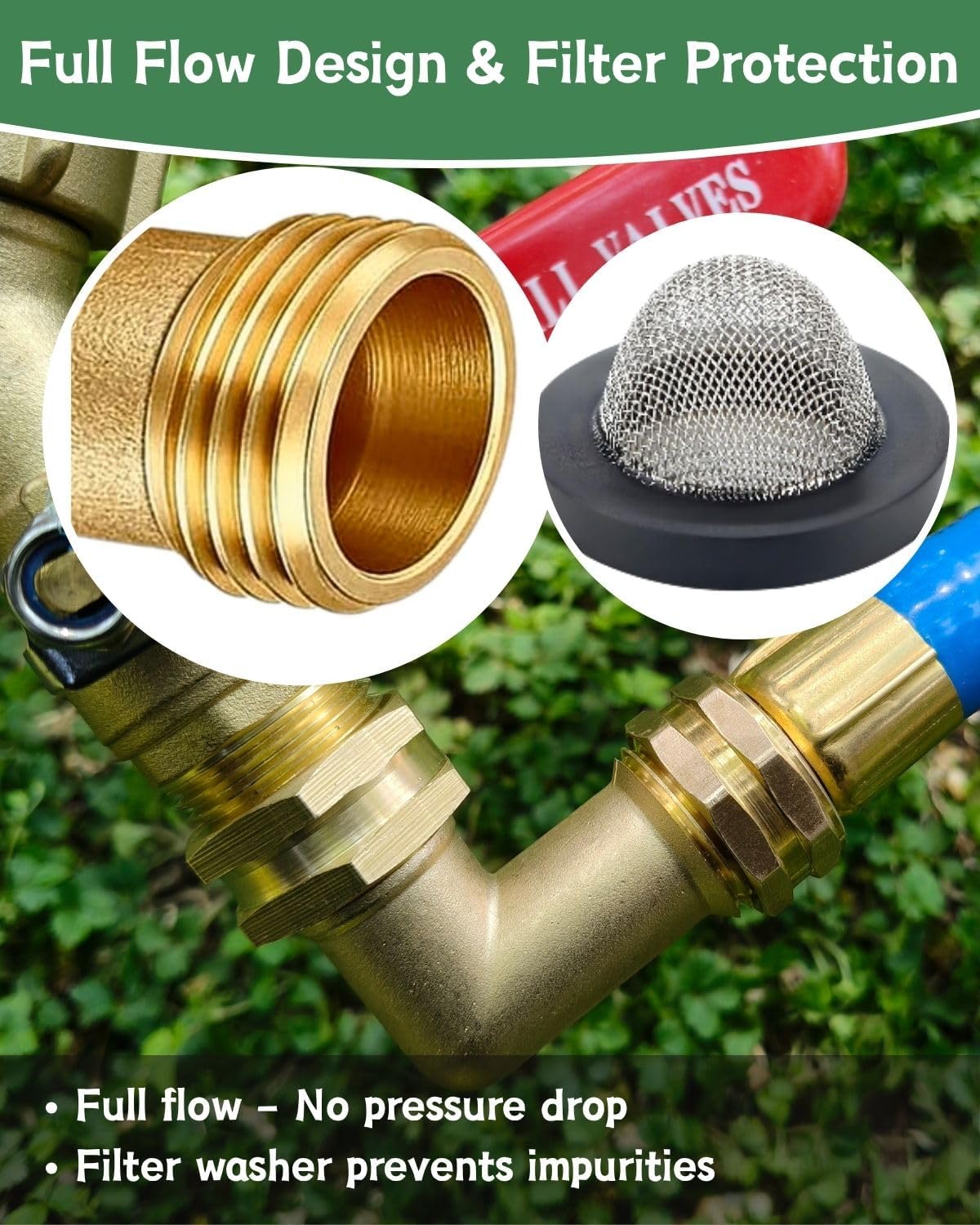 90° Garden Hose Elbow Connector for RV, Low Spigot/Faucets/Hose bib, Washing Machine Tight Room, Full Flow Water Swivel Elbow(Heavy Brass)