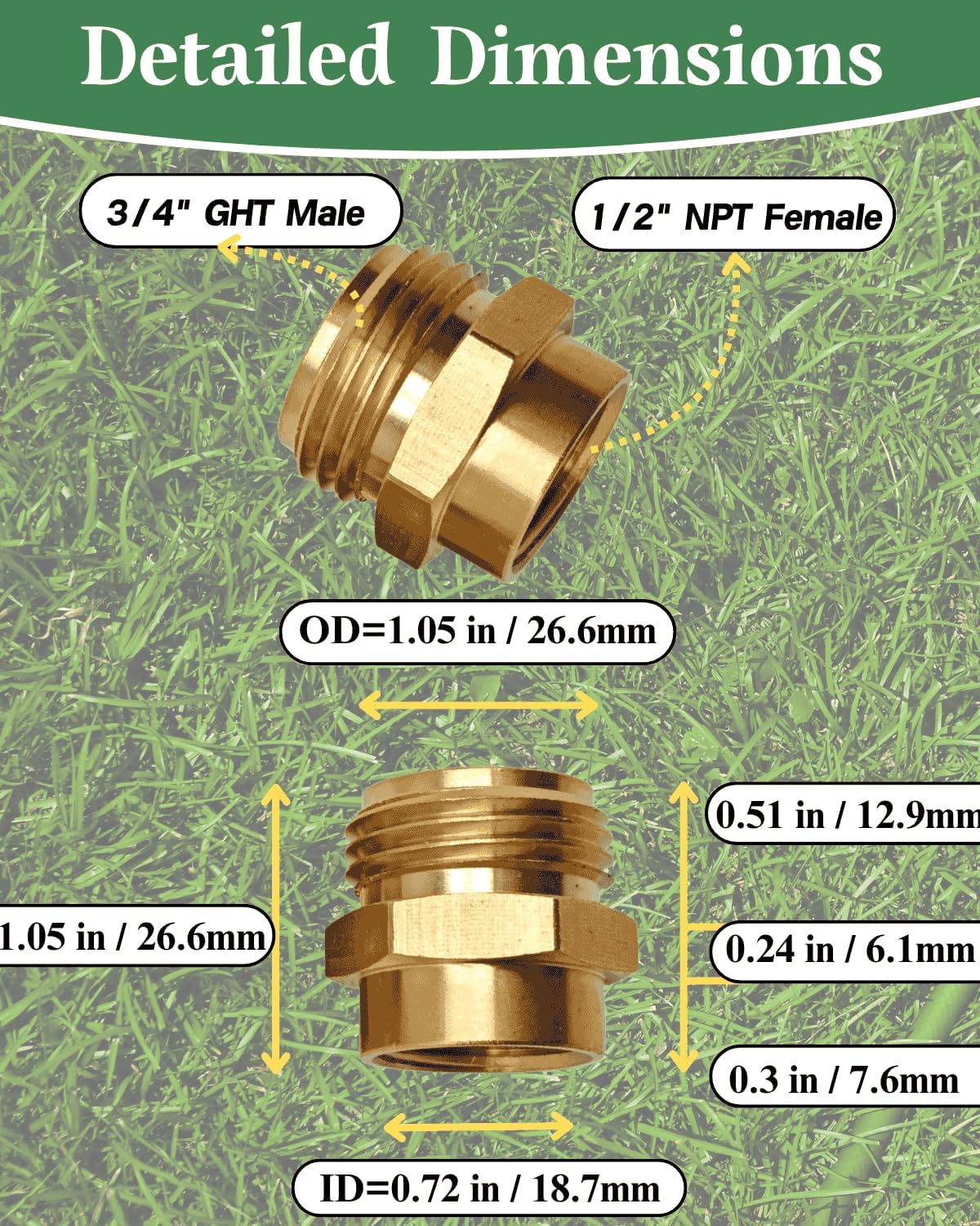 1/2 NPT Female to 3/4 GHT Male Garden Hose Adapter,Female to Male Hose Connector No Leak,Brass Ght to Npt Adapter Suitable for Garden Hoses,Water Hoses, Outdoor Pipes(2 Pack)