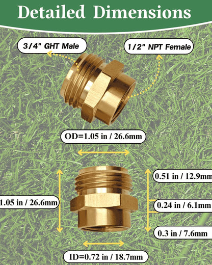 1/2 NPT Female to 3/4 GHT Male Garden Hose Adapter,Female to Male Hose Connector No Leak,Brass Ght to Npt Adapter Suitable for Garden Hoses,Water Hoses, Outdoor Pipes(2 Pack)