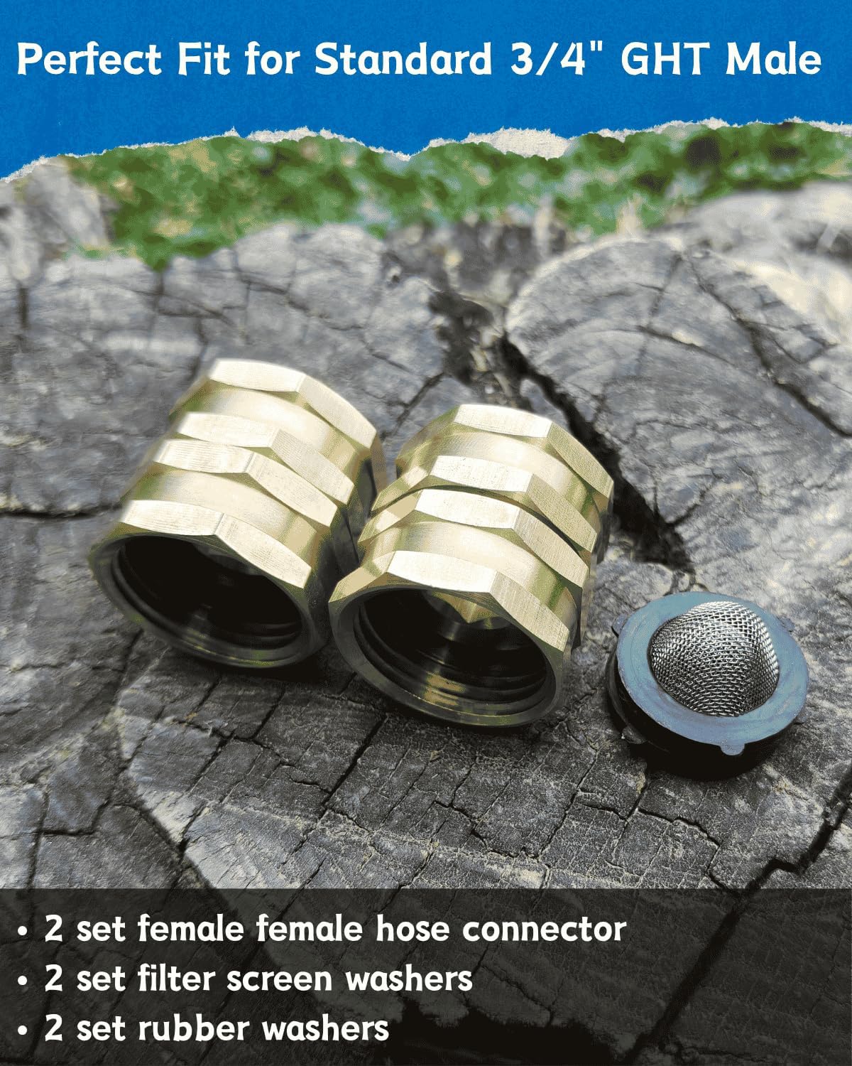 Female to Female Garden Hose Adapter 3/4" Brass Double Female Coupler with Filter Screen - Connect Two Hoses, Repair Broken Hose, Pressure Washer Adapter, Leak Proof (2 Pack)