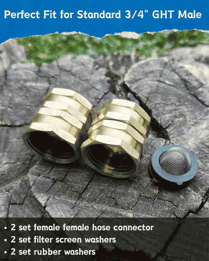 Female to Female Garden Hose Adapter 3/4" Brass Double Female Coupler with Filter Screen - Connect Two Hoses, Repair Broken Hose, Pressure Washer Adapter, Leak Proof (2 Pack)