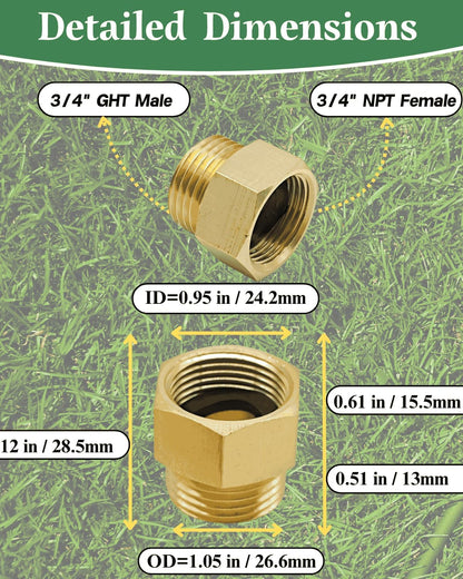 2 Pack 3/4” GHT Male to 3/4” NPT Female Adapter,No Leak,Brass Ght to Npt Adapter Suitable for Garden Hoses,Water Hoses, Outdoor Pipes